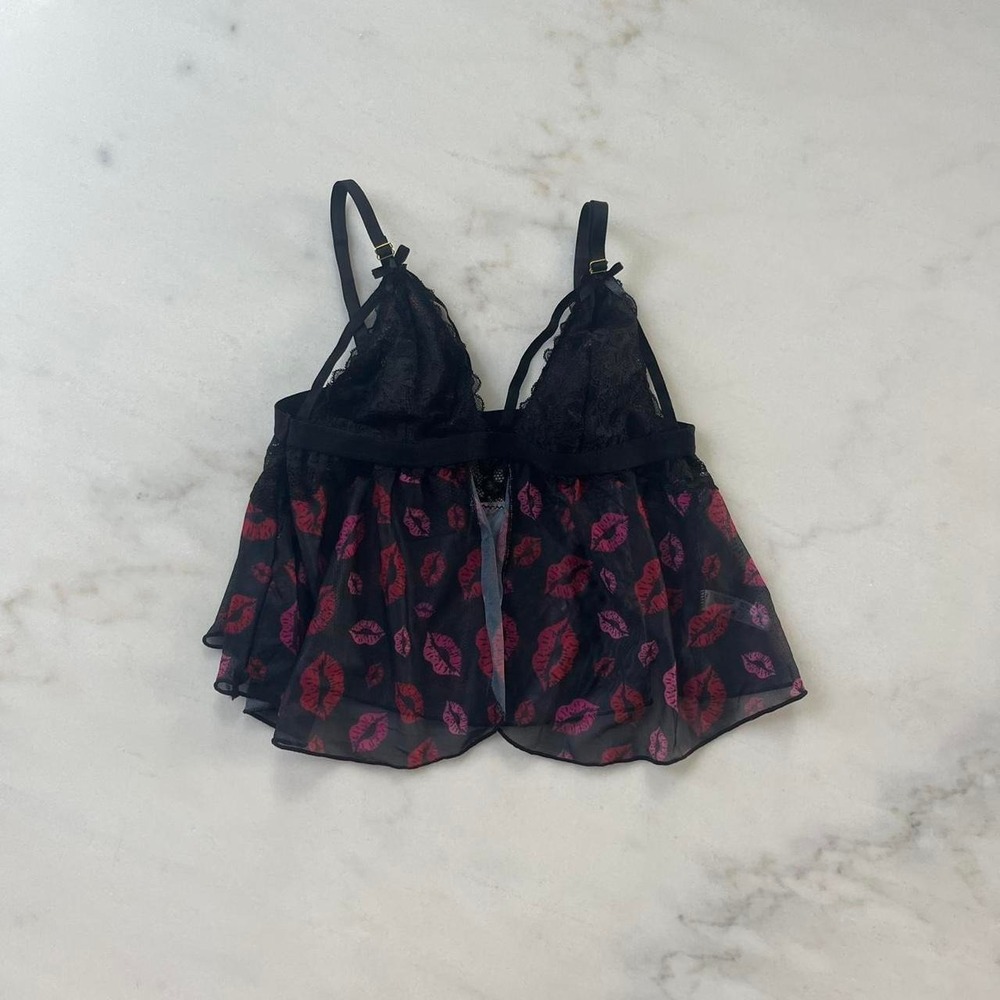 Black Red Lace Lip Print Sheer Mesh Lingerie Babydoll Top XL Y2K Style
